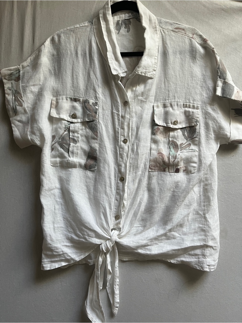 Pure Venice by Eternelle Floral Detail Tie Front Linen Blouse Top Large